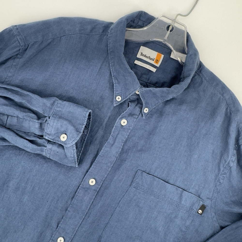 Timberland Linen Button Down Shirt Mens XXL Blue Long Sleeve Regular Fit Casual